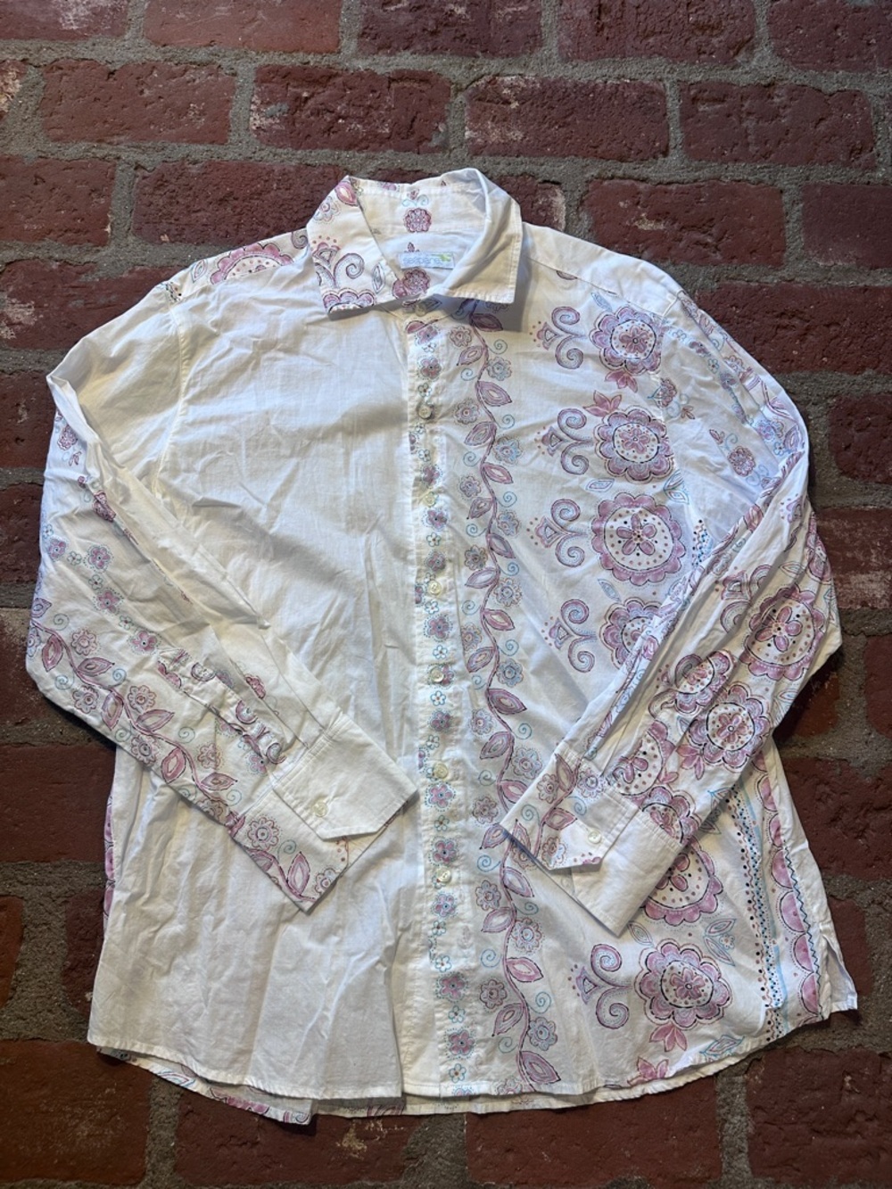 Seaplane Men's XL White Button-Up Shirt Pink Paisley Print Boho Golden Cotton